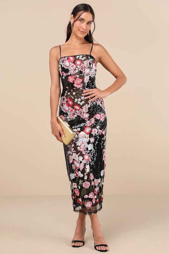 Stunning Impact Black Sheer Embroidered Floral Sequin Midi Dress 2