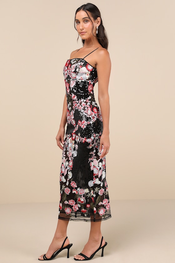Lulus Stunning Impact Black Sheer Embroidered Floral Sequin Midi Dress In Black