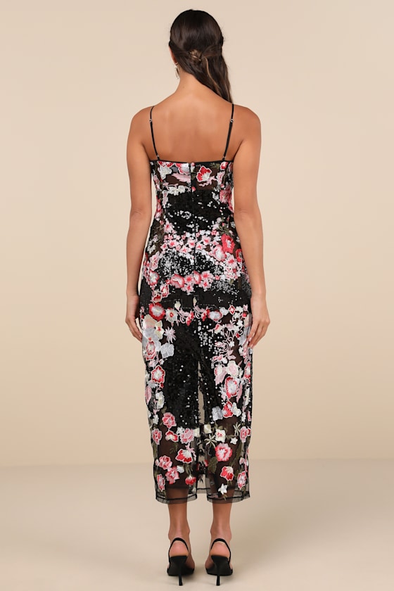 Lulus Stunning Impact Black Sheer Embroidered Floral Sequin Midi Dress In Black