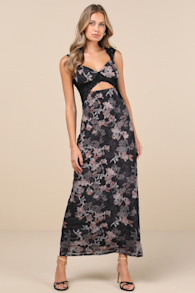 Endlessly Cute Black Floral Mesh Cutout Lace Bustier Maxi Dress