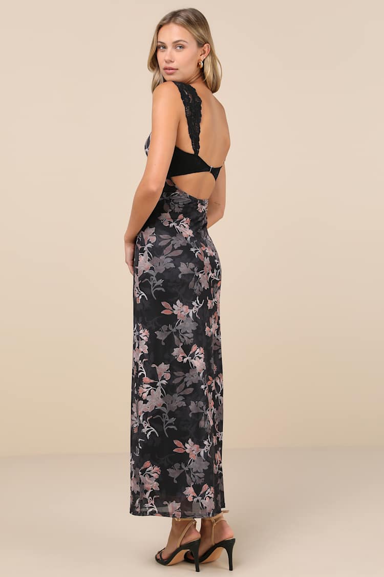 Endlessly Cute Black Floral Mesh Cutout Lace Bustier Maxi Dress