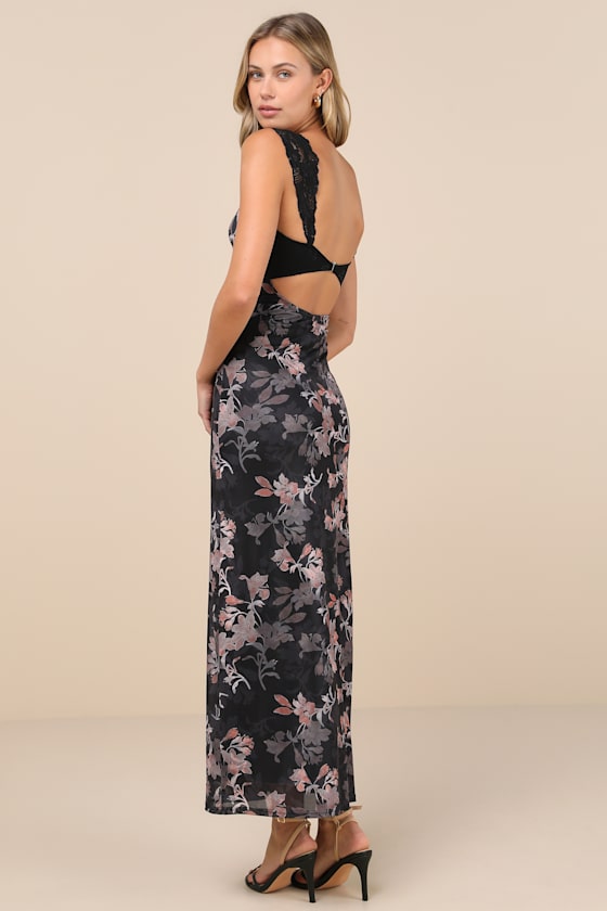 Endlessly Cute Black Floral Mesh Cutout Lace Bustier Maxi Dress 3