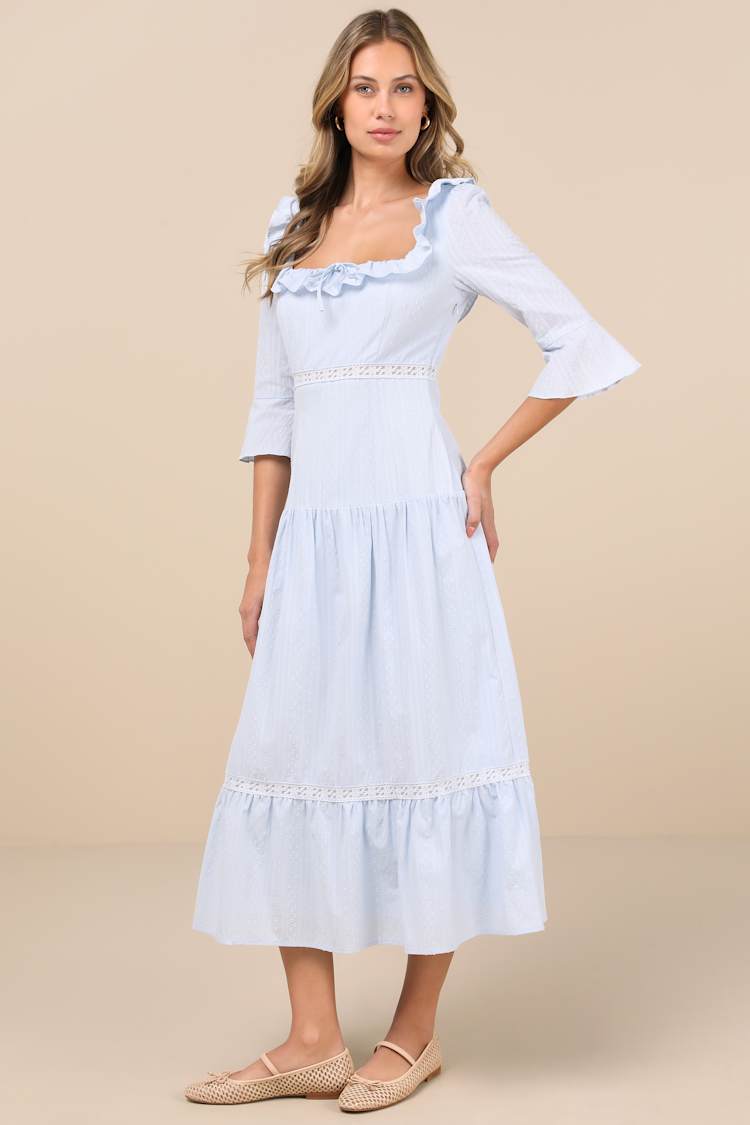 Light Blue Tiered Dress - Clip Dot Midi Dress - Ruffled Dress - Lulus