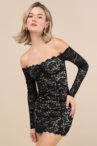Mesmerizing Intent Black Lace Off-the-Shoulder Mini Dress