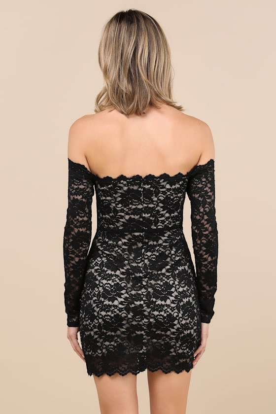Lulus Mesmerizing Intent Black Lace Off-the-shoulder Mini Dress In Black