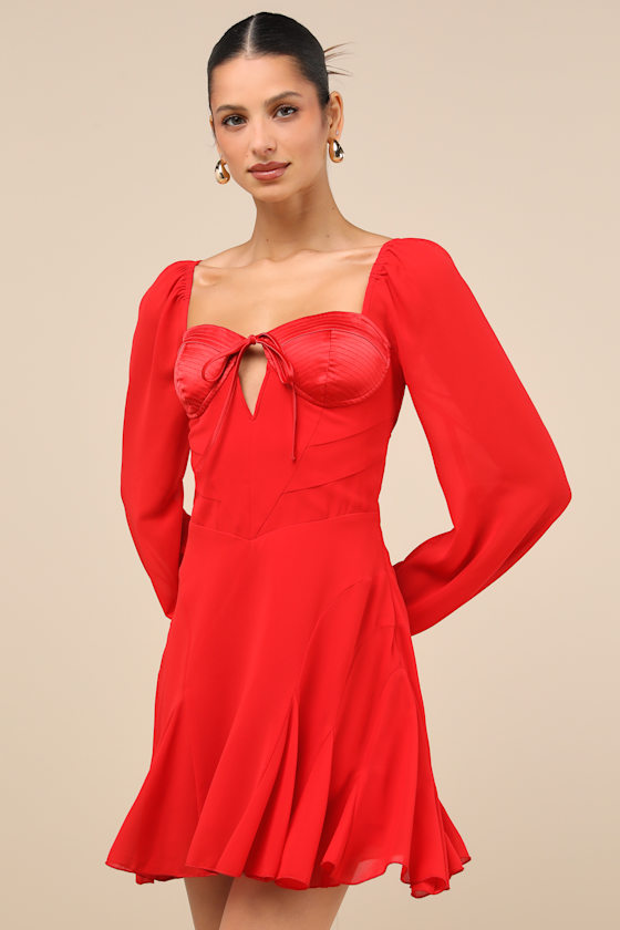 Lulus Excellent Presence Red Long Sleeve Tie-back Mini Dress In Red