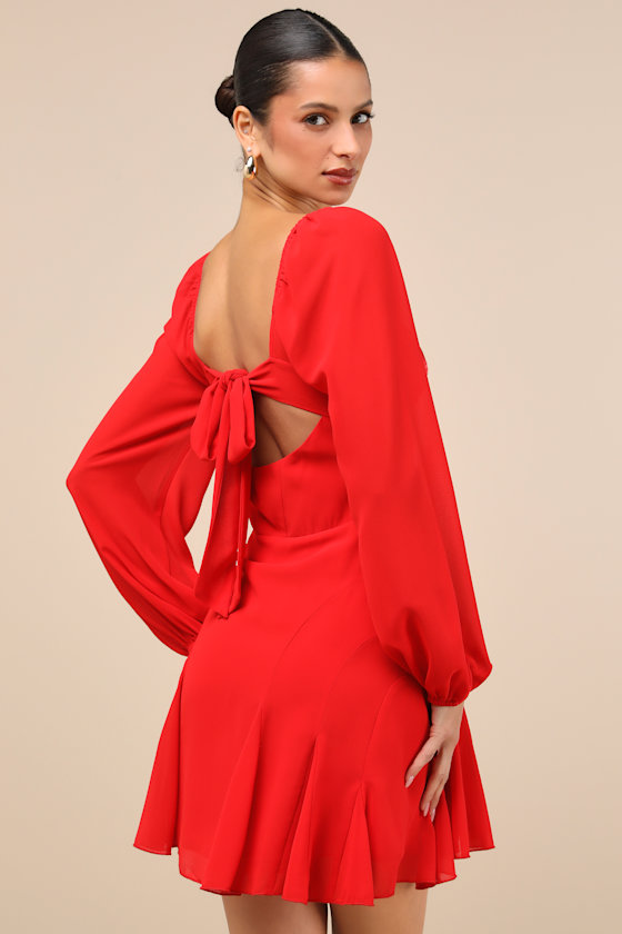 Lulus Excellent Presence Red Long Sleeve Tie-back Mini Dress In Red