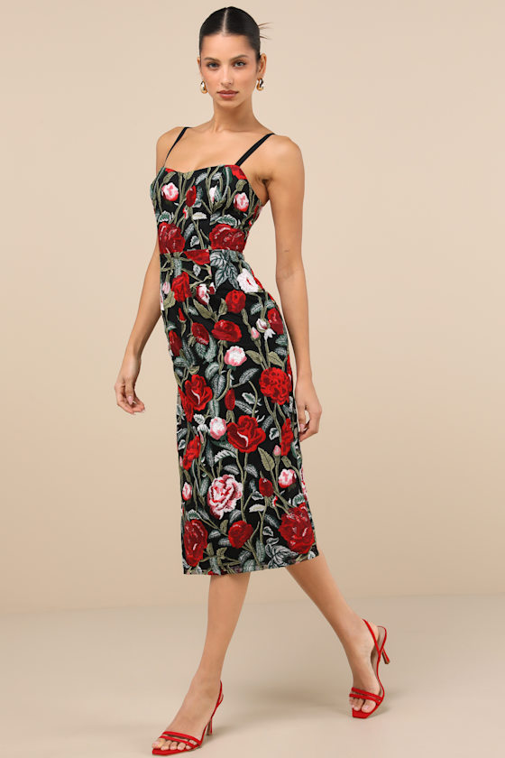 LULUS NOTORIOUS REFINEMENT BLACK MULTI EMBROIDERED LACE-UP MIDI DRESS