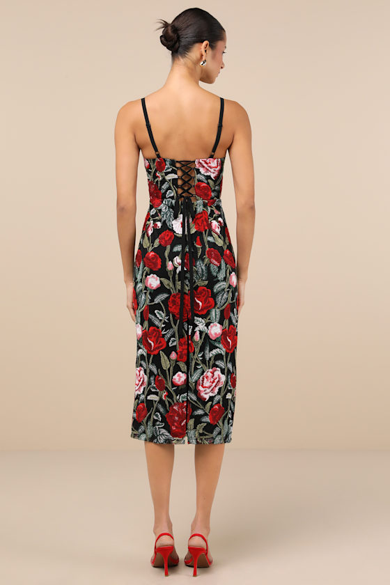 LULUS NOTORIOUS REFINEMENT BLACK MULTI EMBROIDERED LACE-UP MIDI DRESS