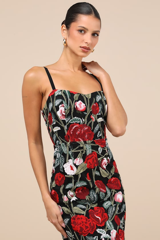 LULUS NOTORIOUS REFINEMENT BLACK MULTI EMBROIDERED LACE-UP MIDI DRESS