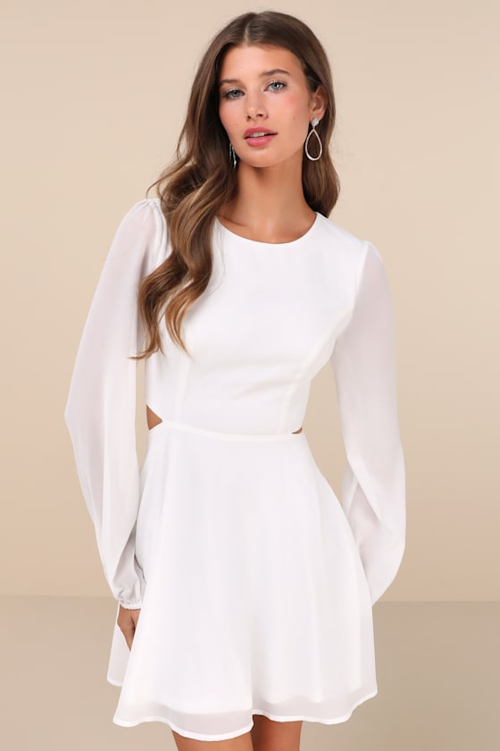 Image of Garden Bliss White Long Sleeve Cutout Mini Dress