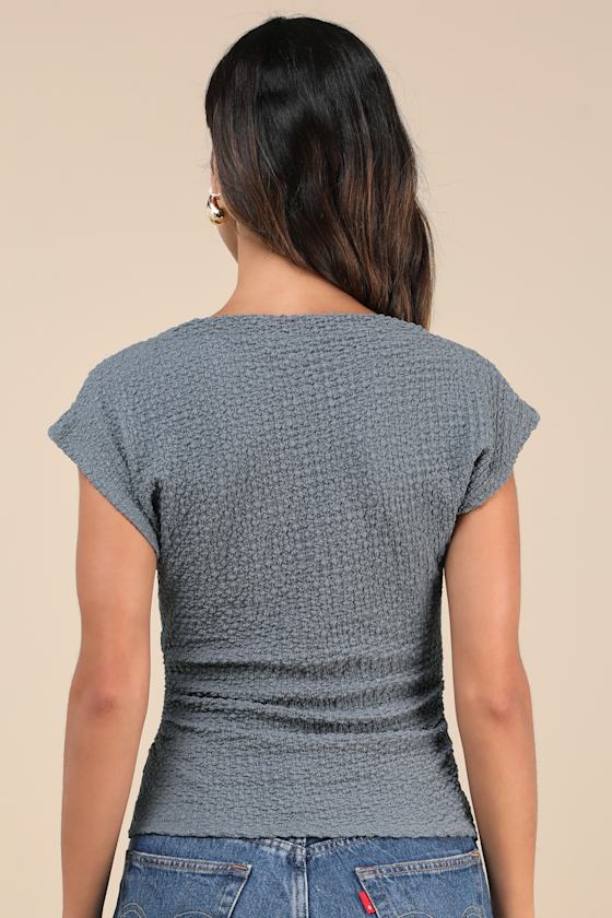 Dreamy Impression Slate Blue Textured Cap Sleeve Top
