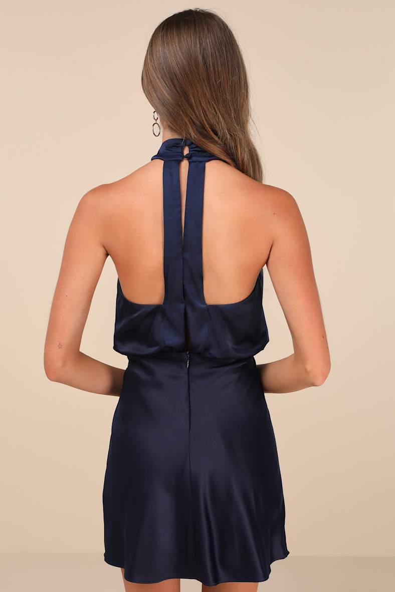 Sleek Essence Navy Blue Satin Halter Sleeveless Mini Dress