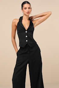 Captivating Sophistication Black Halter Vest Jumpsuit