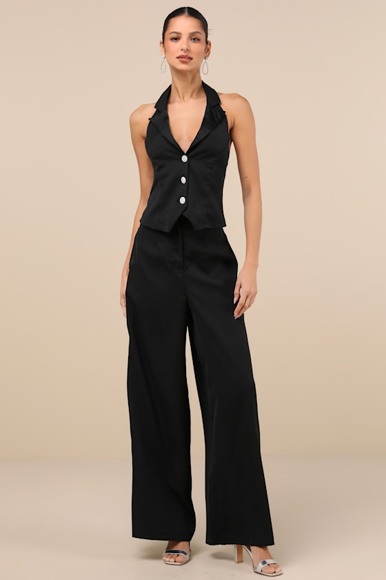 Lulus Captivating Sophistication Black Halter Vest Jumpsuit In Black