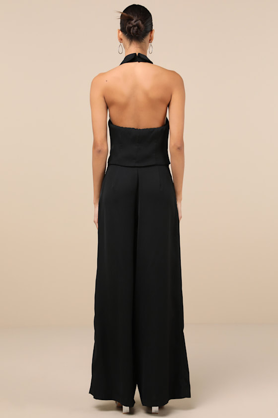 Lulus Captivating Sophistication Black Halter Vest Jumpsuit In Black
