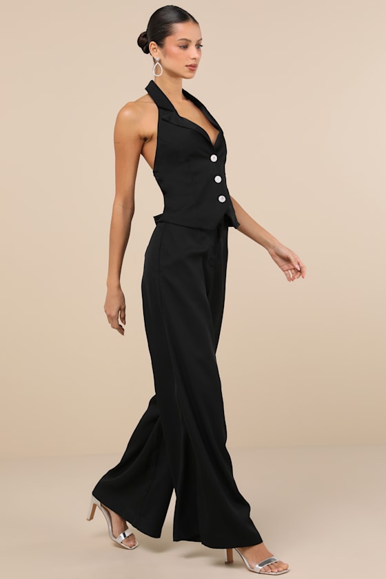 Lulus Captivating Sophistication Black Halter Vest Jumpsuit In Black