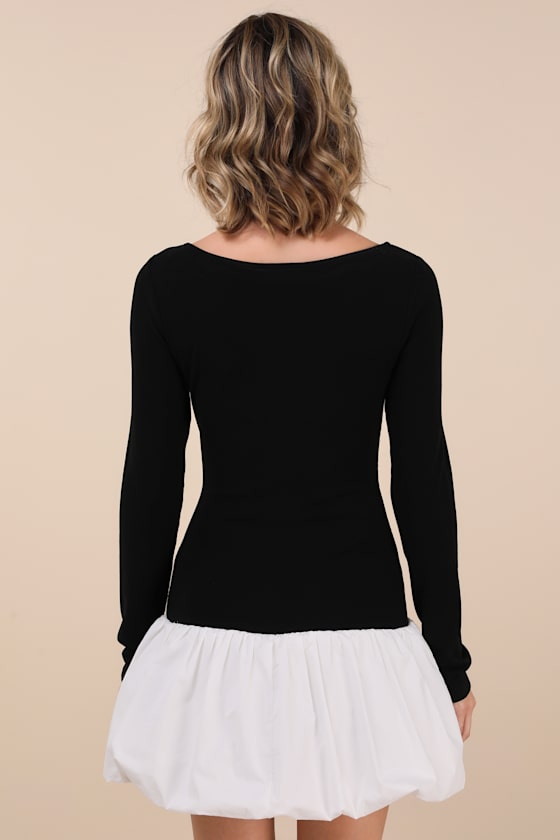 Lulus Ideal Approach Black And White Long Sleeve Mini Dress In Black And White