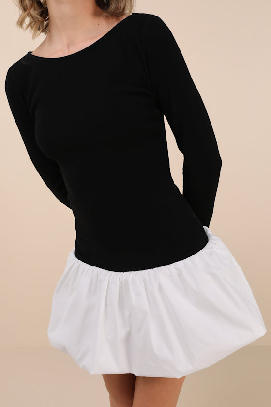 Lulus Ideal Approach Black And White Long Sleeve Mini Dress In Black And White
