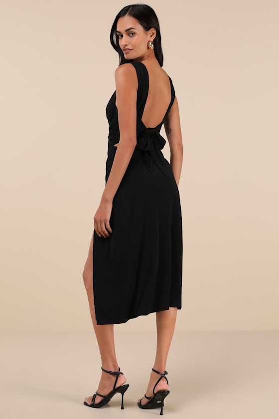 Lulus Flawless Effect Black Slinky Knit Cowl Tie-back Midi Dress In Black