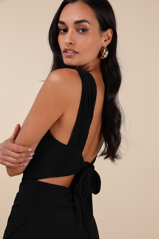 Lulus Flawless Effect Black Slinky Knit Cowl Tie-back Midi Dress In Black