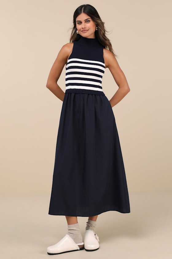 Lulus Confident Cues Navy Striped Mixed Media Midi Dress In Navy