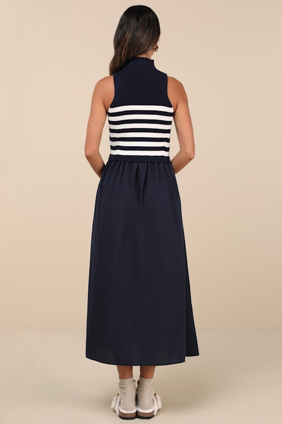 Lulus Confident Cues Navy Striped Mixed Media Midi Dress In Navy