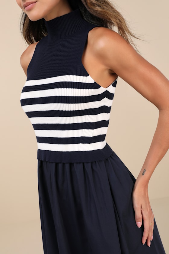 Lulus Confident Cues Navy Striped Mixed Media Midi Dress In Navy