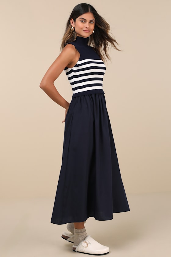 Lulus Confident Cues Navy Striped Mixed Media Midi Dress In Navy