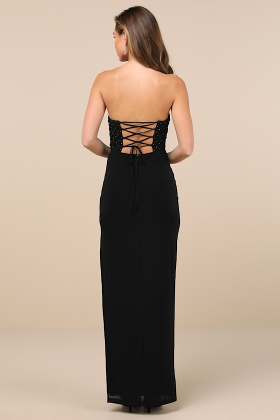 Lulus Stunning Concept Black Mesh Rhinestone Strapless Maxi Dress In Black