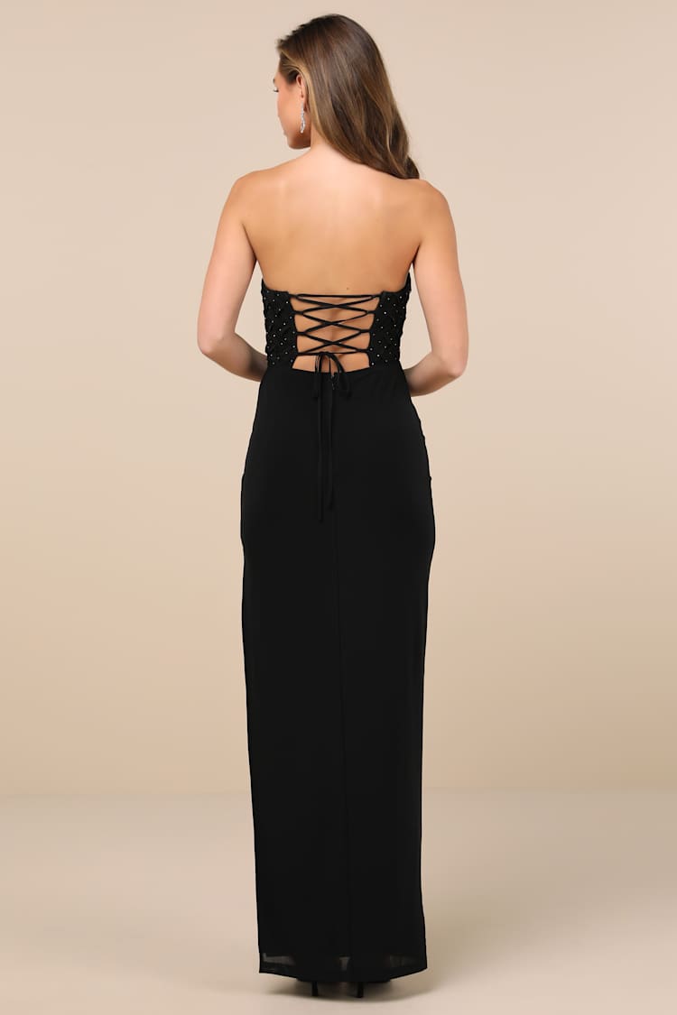 Stunning Concept Black Mesh Rhinestone Strapless Maxi Dress