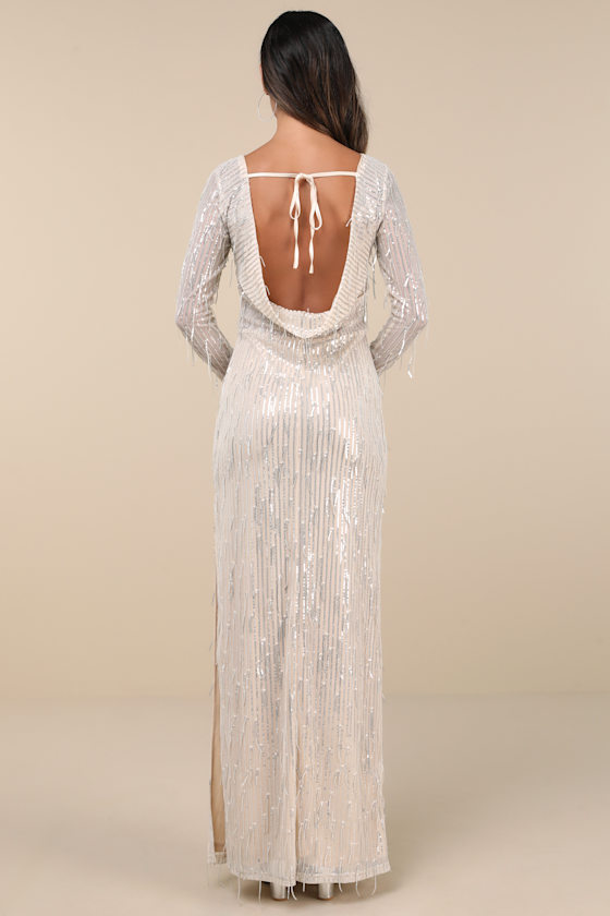 Lulus Glittery Devotion Champagne Sequin Fringe Maxi Dress In Champagne