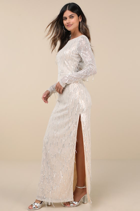 Lulus Glittery Devotion Champagne Sequin Fringe Maxi Dress In Champagne