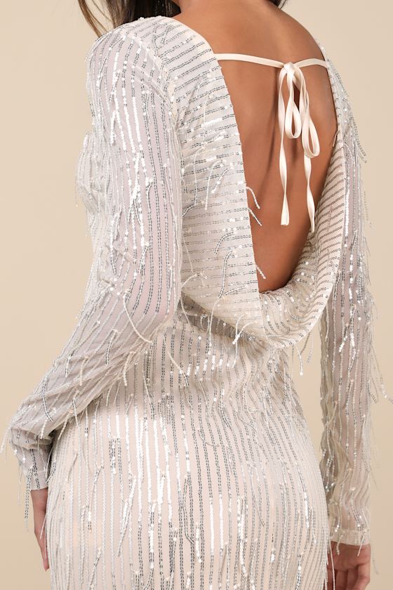 Lulus Glittery Devotion Champagne Sequin Fringe Maxi Dress In Champagne