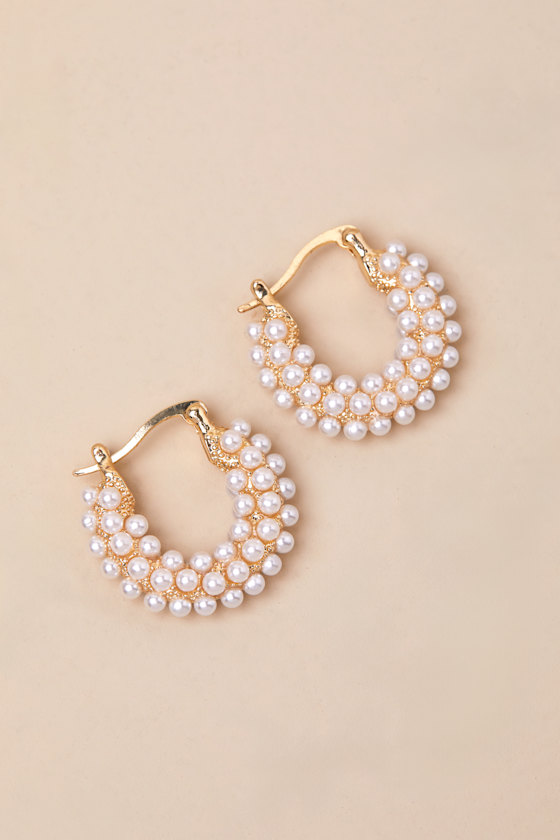LULUS LUMINOUS MOOD WHITE PEARL HUGGIE HOOP EARRINGS