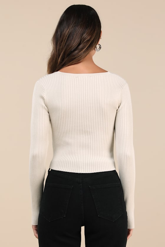 Lulus Exceptionally Confident Cream Ribbed Cross-front Sweater Top In White