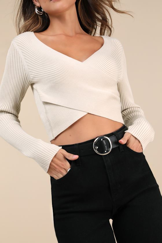 Lulus Exceptionally Confident Cream Ribbed Cross-front Sweater Top In White
