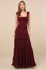 Compelling Romantic Burgundy Ruffled Tiered Maxi Dress 4