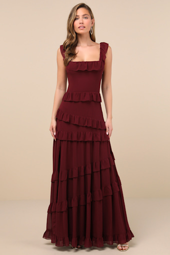 Compelling Romantic Burgundy Ruffled Tiered Maxi Dress 4