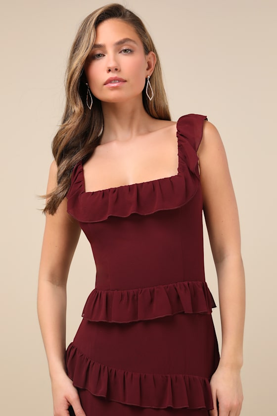 Lulus Compelling Romantic Burgundy Ruffled Tiered Maxi Dress In Burgundy