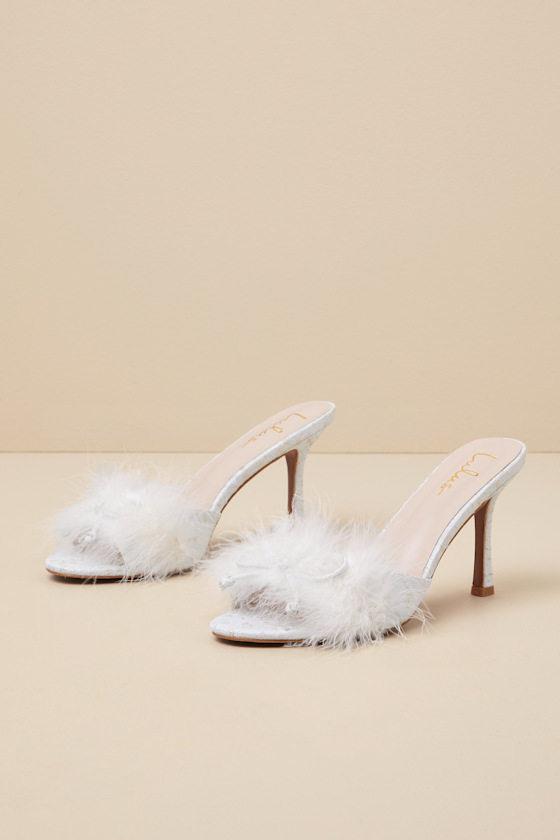 Lulus Fuller White Satin Feather Ankle Strap High Heel Sandal Heels In Blue