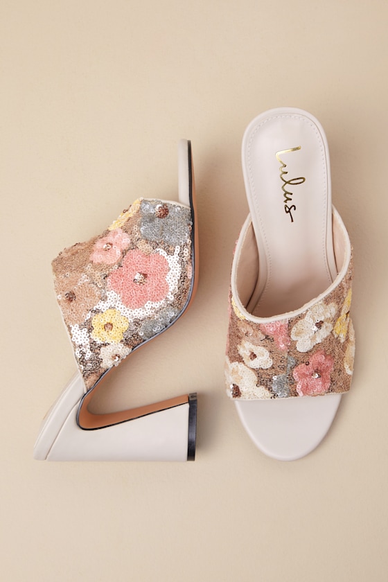 Lulus Callixta Pink Bone Floral Sequin High Heel Slide Sandals In Pink