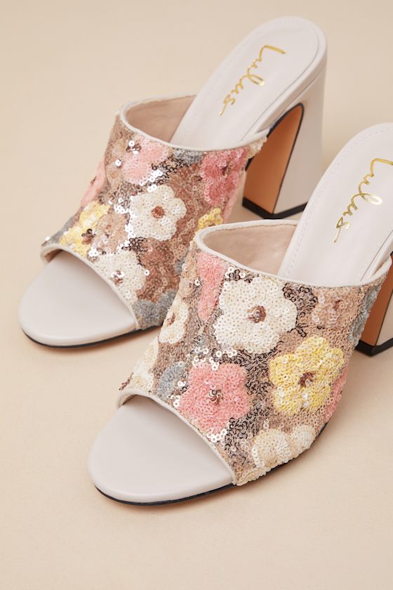 Lulus Callixta Pink Bone Floral Sequin High Heel Slide Sandals In Pink