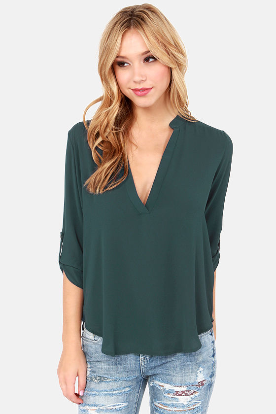 Cute Dark Teal Top V Neck Top 37.00 Lulus