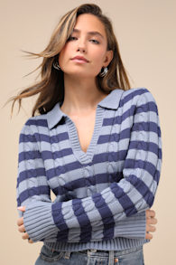 Cute Excellence Blue Striped Cable Knit Sweater