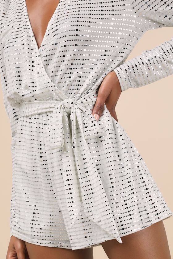 Lulus Bettie White Metallic Long Sleeve Romper In White