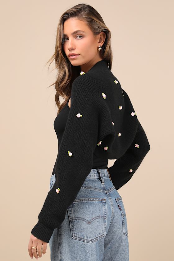 Sweetest Comfort Black Rosette Knit Shrug Cardigan