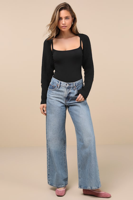 Lulus Sweetest Comfort Black Rosette Knit Shrug Cardigan In Black