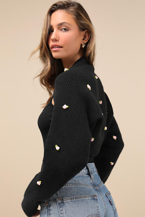 Lulus Sweetest Comfort Black Rosette Knit Shrug Cardigan In Black