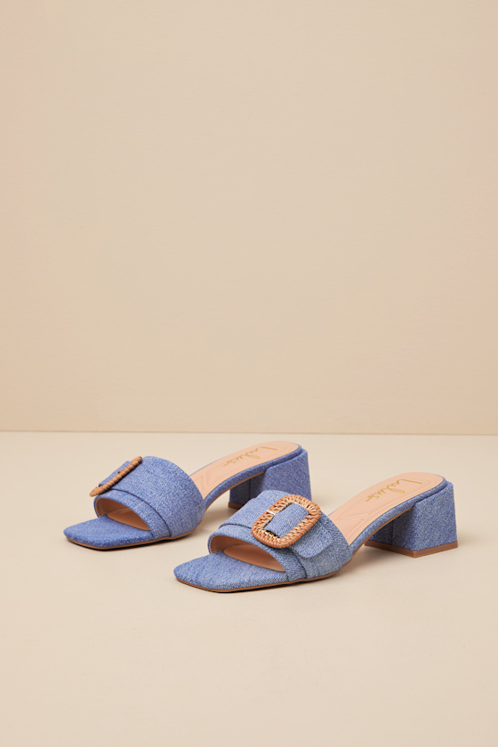 Lulus Calendre Denim Buckle Low Heel Slide Sandals In Blue